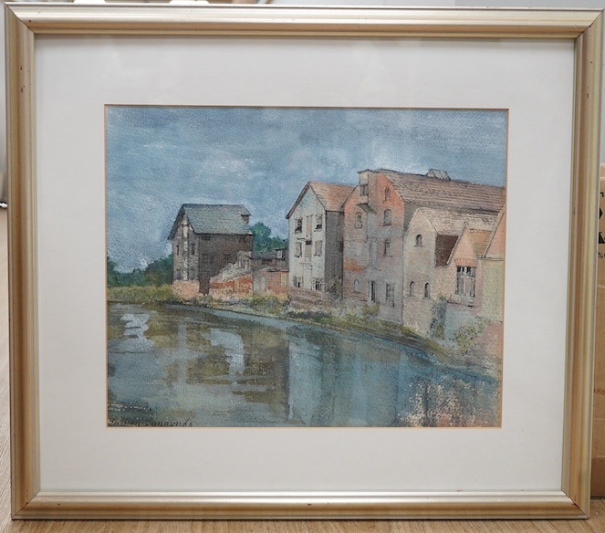 Gillian Simmonds, watercolour, ‘Riverside warehouses, Lewes’, signed, label verso, 27 x 35cm. Condition - good